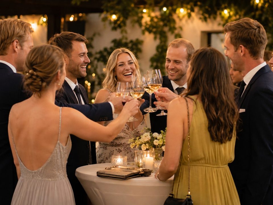 Brautpaar mit Gästen auf einer Hochzeit