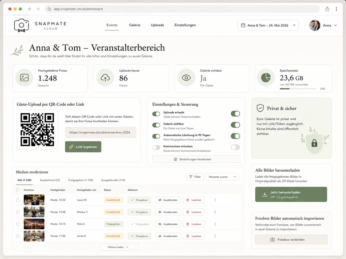 Veranstalterbereich der snapmate Cloud im Browser: Uploads, Freigaben und QR-Code