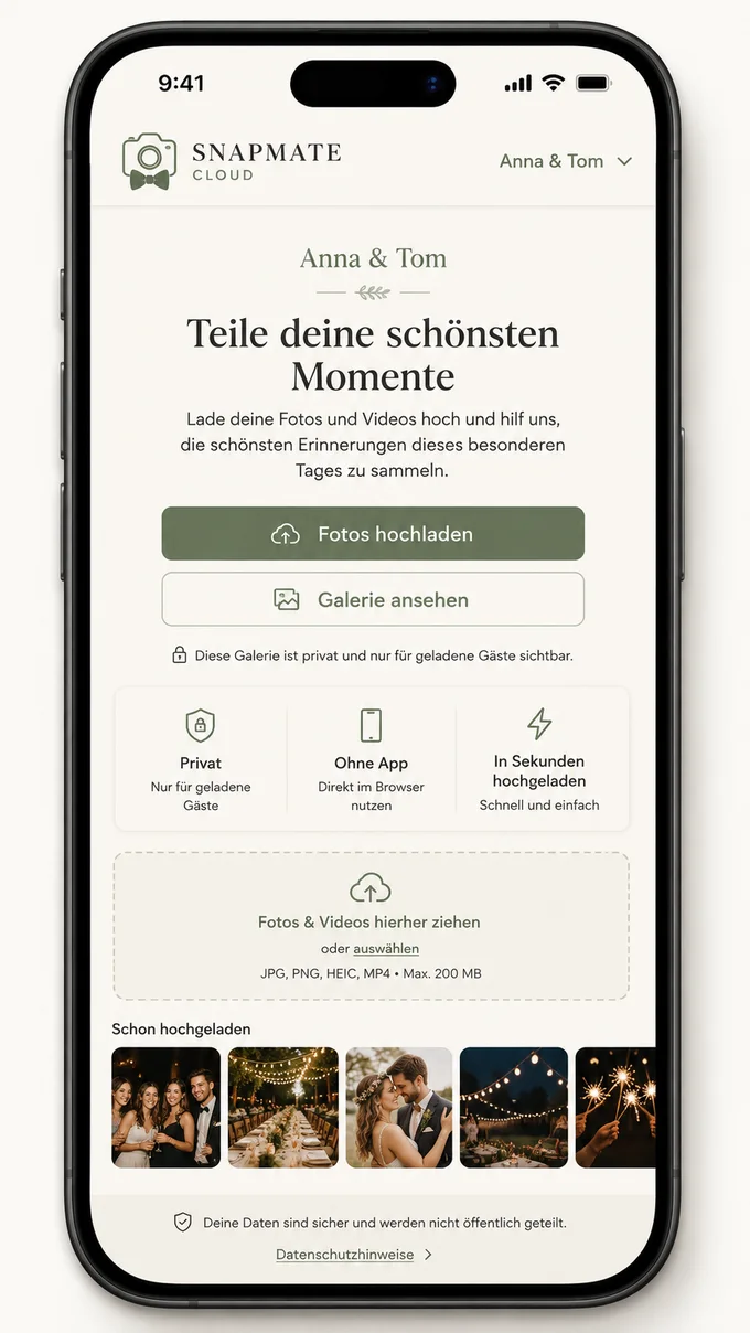 Gäste-Ansicht der snapmate Cloud auf dem Smartphone: Fotos hochladen und Galerie ansehen