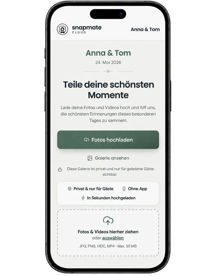 snapmate Cloud auf dem Smartphone: Gäste laden ihre Fotos in die private Galerie