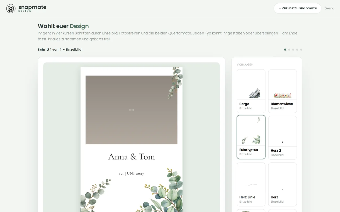 snapmate Designer: Vorlage wählen mit Live-Vorschau des Ausdruck-Designs