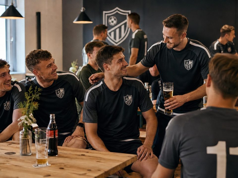 Fußballmannschaft feiert im Vereinsheim